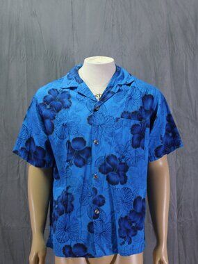 Vintage Hawaiian Shirt - Blue on Blue Floral with Gold Trim - Men's Medium